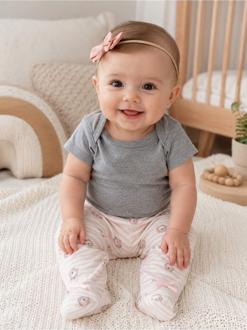 Old Navy Baby Girl 6M Outfit Set Gray Bodysuit + Pink Owl Footed Pants